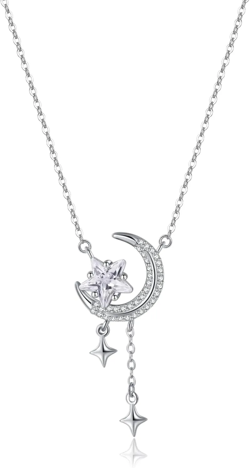 Reffeer Solid 925 Sterling Silver Moon Star Necklace for Women Teens CZ Moon Choker Necklace Dainty Star Pendant Necklace