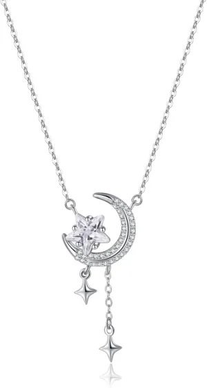 Reffeer Solid 925 Sterling Silver Moon Star Necklace for Women Teens CZ Moon Choker Necklace Dainty Star Pendant Necklace