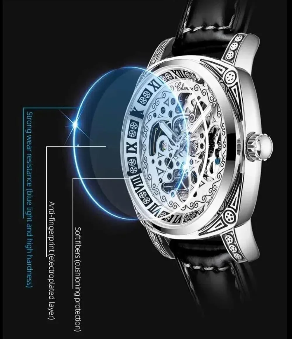 Retro Carved Skeleton Mens Watch Luxury Vintage Automatic Mechanical Watches Hollow Out Genuine Leather Waterproof Luminous Wristwatch