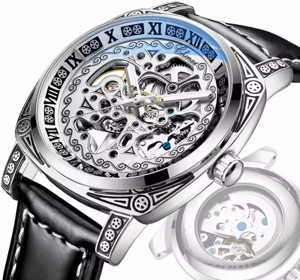 Retro Carved Skeleton Mens Watch Luxury Vintage Automatic Mechanical Watches Hollow Out Genuine Leather Waterproof Luminous Wristwatch