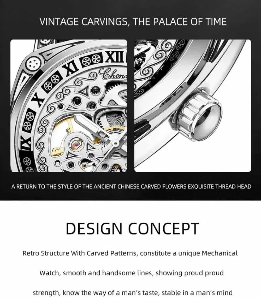 Retro Carved Skeleton Mens Watch Luxury Vintage Automatic Mechanical Watches Hollow Out Genuine Leather Waterproof Luminous Wristwatch