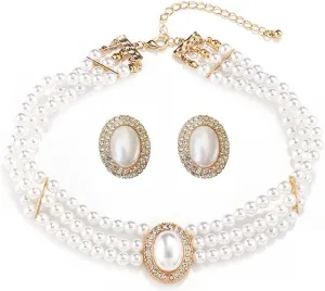 Rhinestone Multi Strands Pearl Necklace Earring Set 3 Layered Choker Necklace for Women White Pearl Wedding Prom Party Jewelry