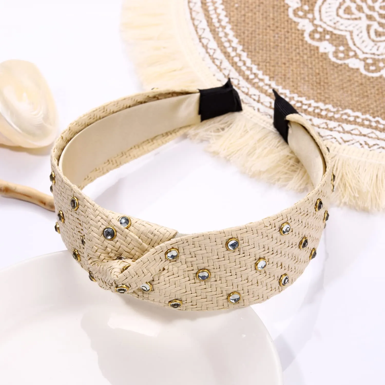 Rhinestone Rattan Headband Straw Headbands Fashion Rattan Wide Head Band Boho Headband Summer Bohemian Woven Headwear Hair Head Knot Headband for Woman Girl Hair Accessories offwhite