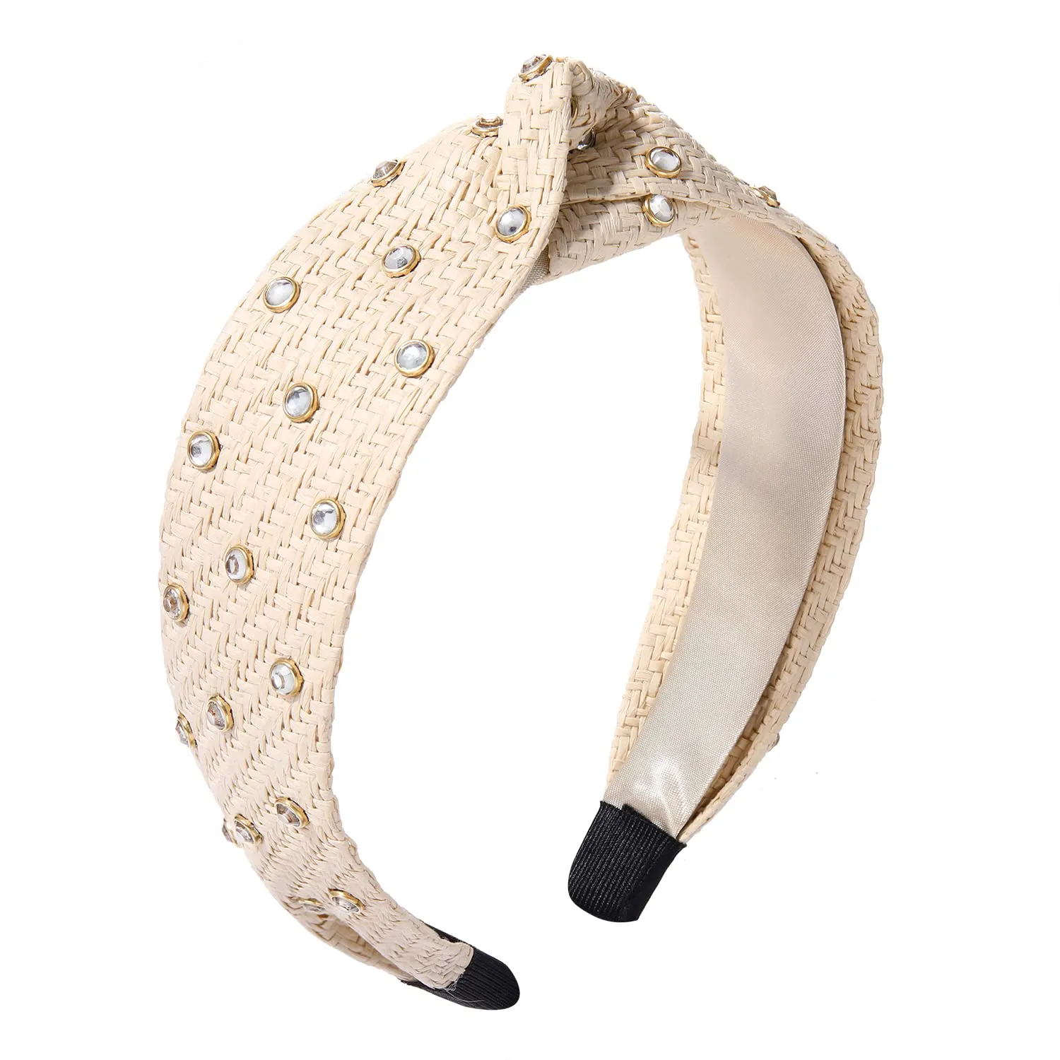 Rhinestone Rattan Headband Straw Headbands Fashion Rattan Wide Head Band Boho Headband Summer Bohemian Woven Headwear Hair Head Knot Headband for Woman Girl Hair Accessories offwhite