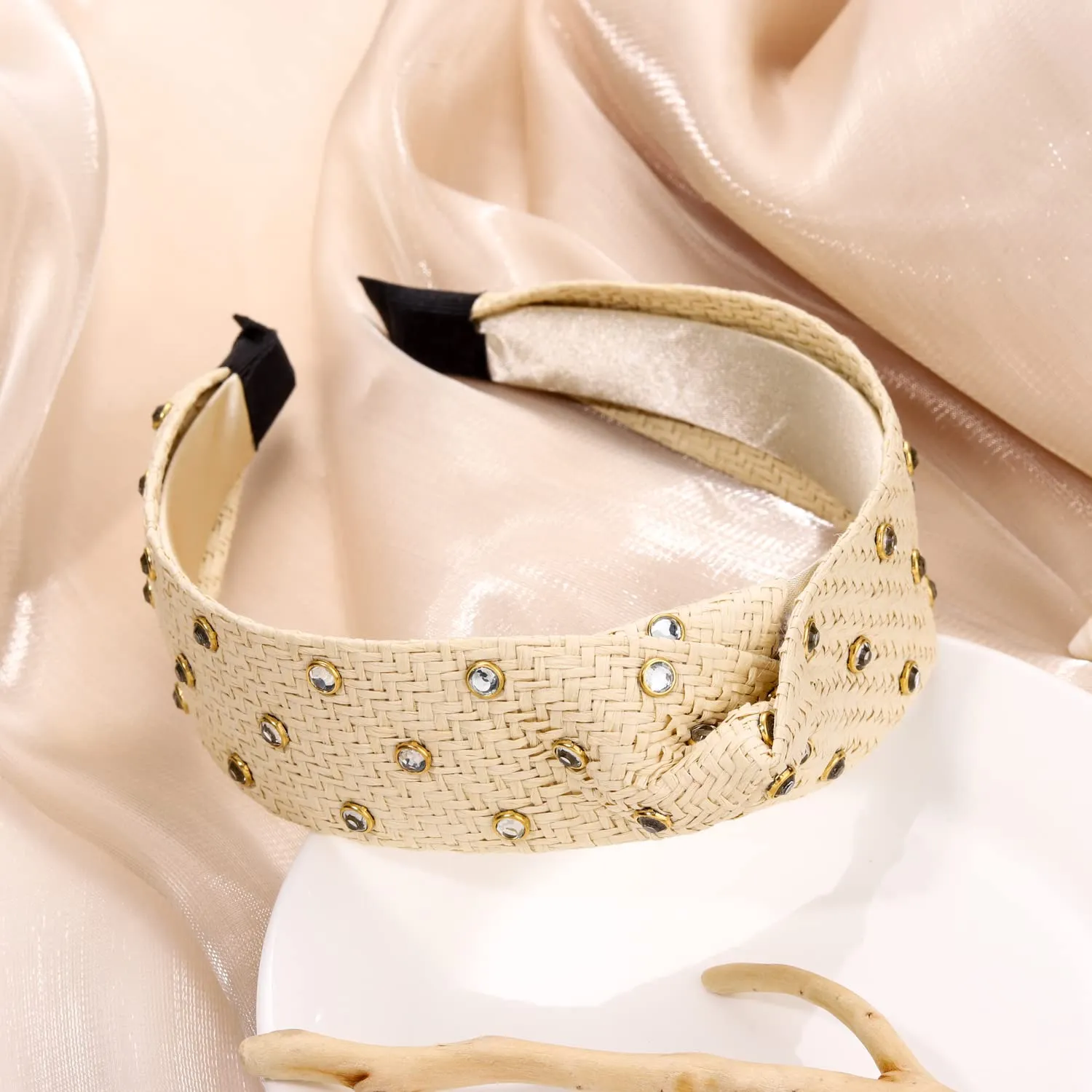 Rhinestone Rattan Headband Straw Headbands Fashion Rattan Wide Head Band Boho Headband Summer Bohemian Woven Headwear Hair Head Knot Headband for Woman Girl Hair Accessories offwhite