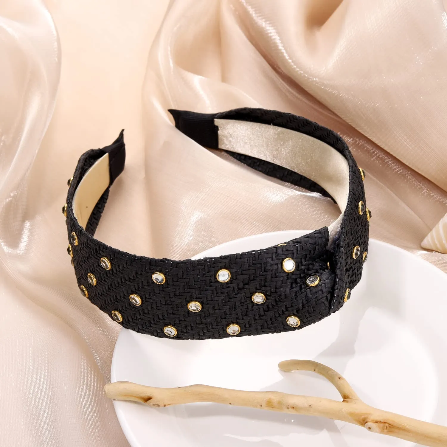 Rhinestone Rattan Headband Straw Headbands Fashion Rattan Wide Head Band Boho Headbands Summer Bohemian Woven Headwear Hair Head Knot Headband for Woman Girl Hair Accessories(black)