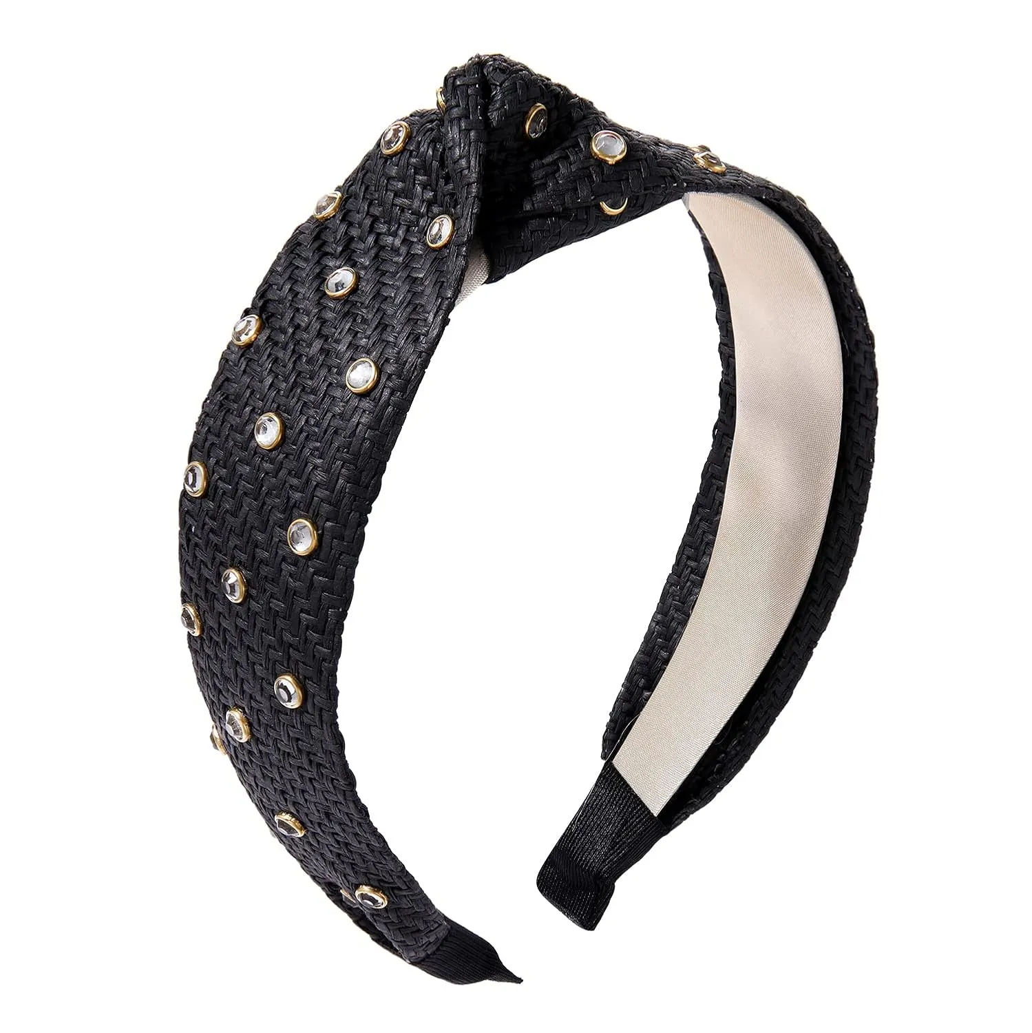 Rhinestone Rattan Headband Straw Headbands Fashion Rattan Wide Head Band Boho Headbands Summer Bohemian Woven Headwear Hair Head Knot Headband for Woman Girl Hair Accessories(black)