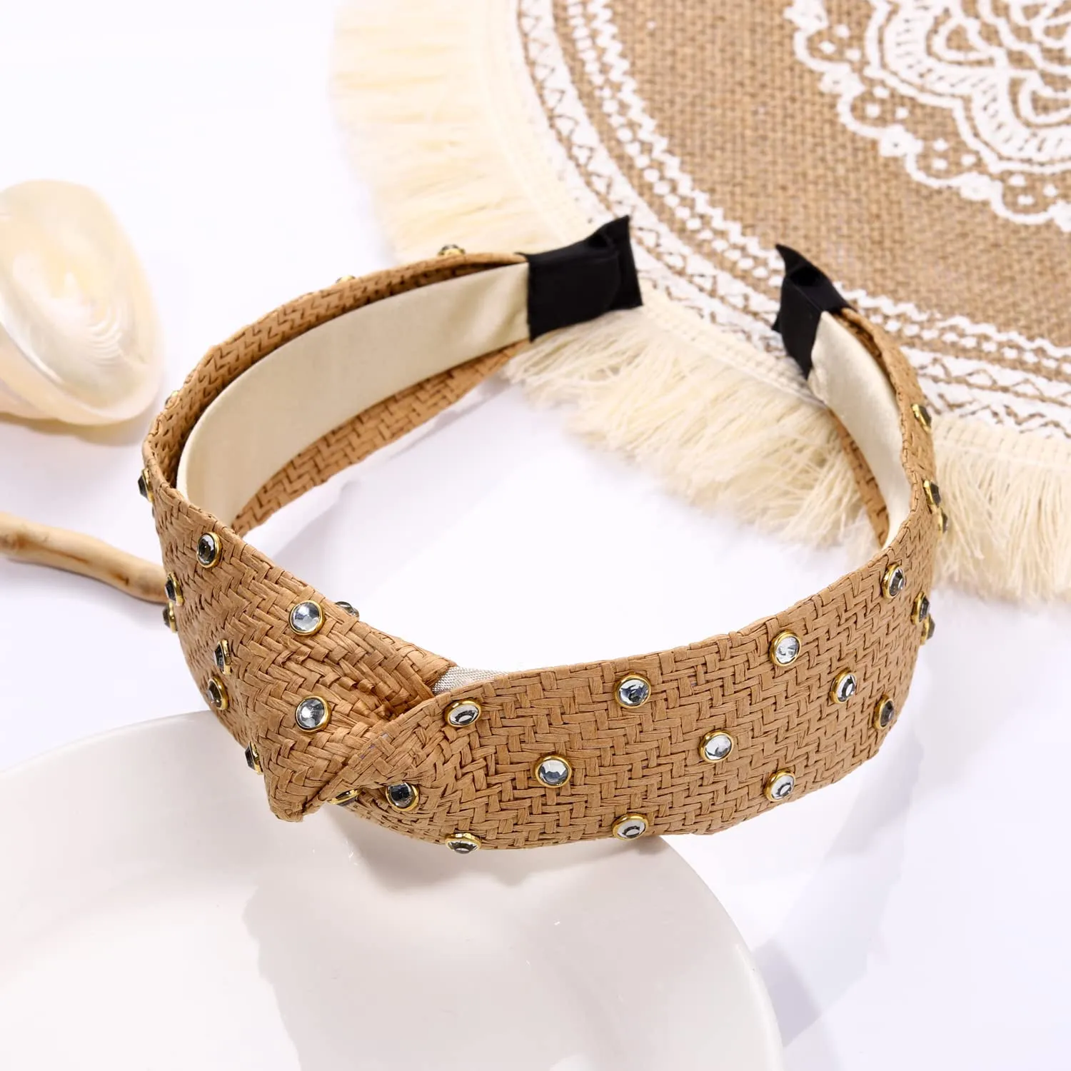 Rhinestone Rattan Headband Straw Headbands Fashion Rattan Wide Head Band Boho Headbands Summer Bohemian Woven Headwear Hair Head Knot Headband for Woman Girl Hair Accessoriesrattan color