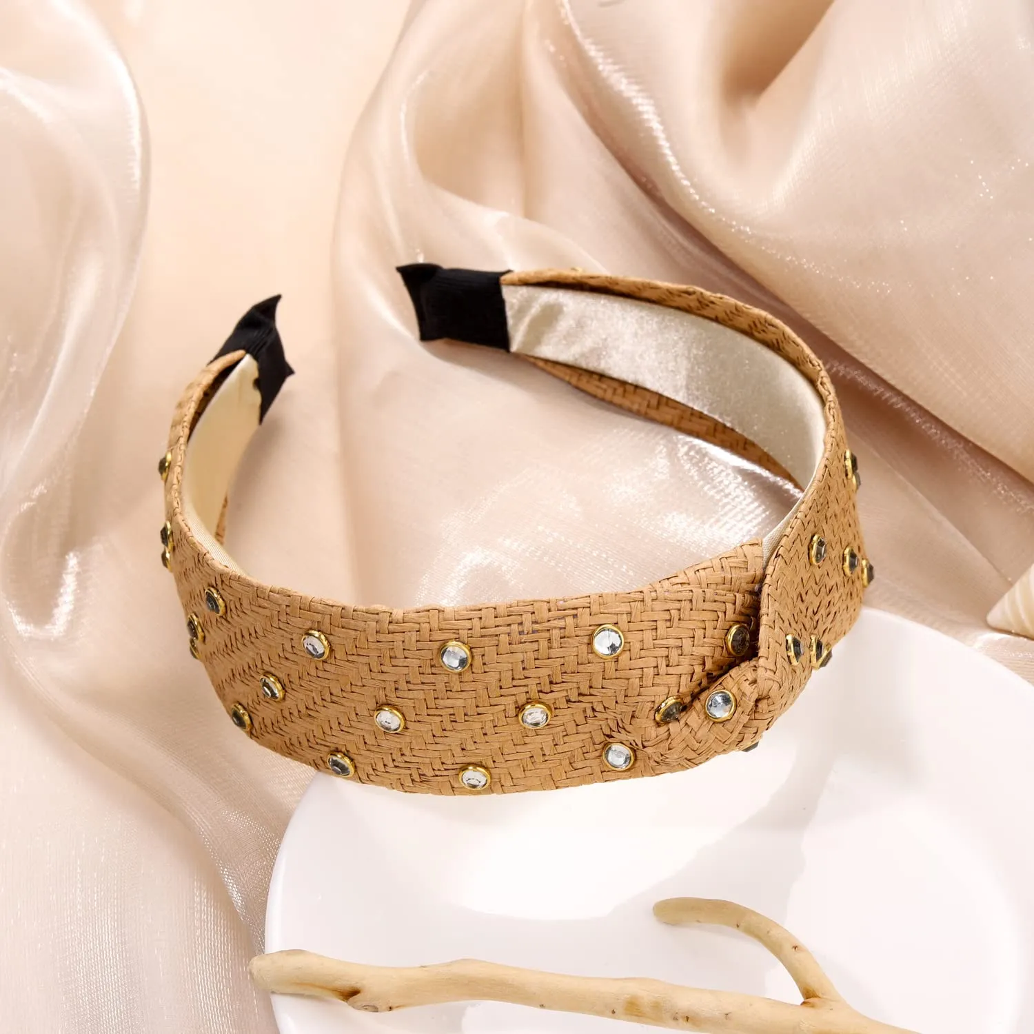 Rhinestone Rattan Headband Straw Headbands Fashion Rattan Wide Head Band Boho Headbands Summer Bohemian Woven Headwear Hair Head Knot Headband for Woman Girl Hair Accessoriesrattan color