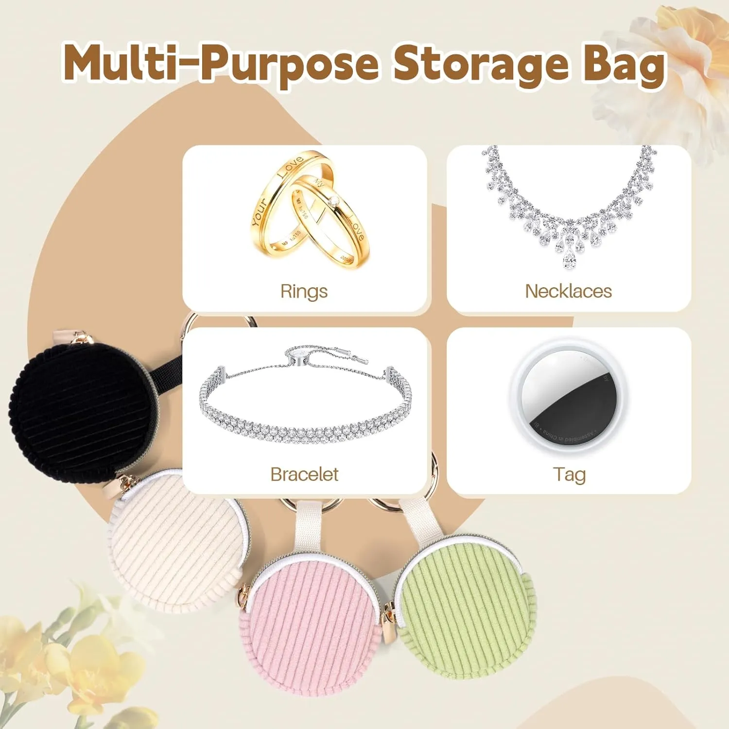 Ring Holder Keychain, Corduroy Jewelry Holder Storage with Ring Buckle, Portable Mini Travel Jewelry Keeper Case for Earrings, Rings, Necklaces (Black)