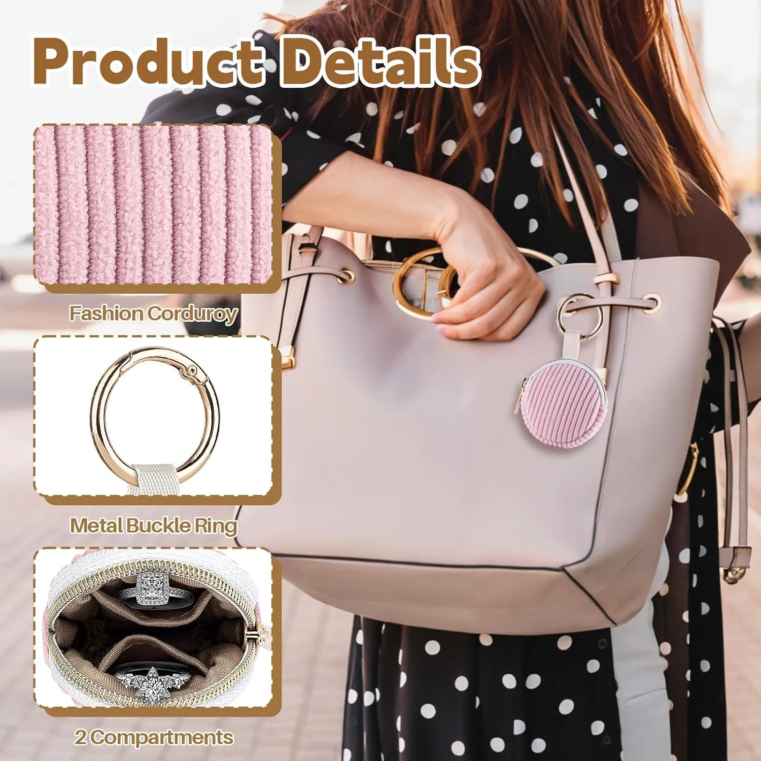 Ring Holder Keychain, Corduroy Jewelry Holder Storage with Ring Buckle, Portable Mini Travel Jewelry Keeper Case for Earrings, Rings, Necklaces (Black)