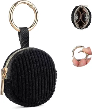 Ring Holder Keychain, Corduroy Jewelry Holder Storage with Ring Buckle, Portable Mini Travel Jewelry Keeper Case for Earrings, Rings, Necklaces (Black)