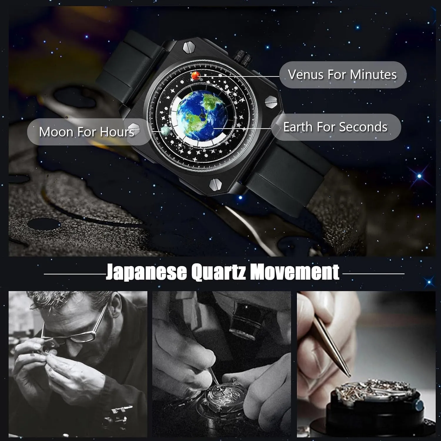 RORIOS Men's Creative Watches Unique Pointer Wristwatch Analogue Quartz Square Earth Dial Watch Fashion Design Stainless Steel for Men