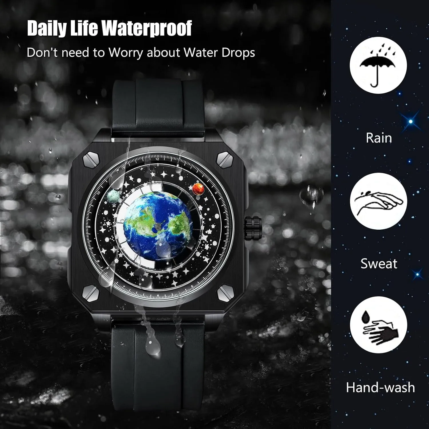 RORIOS Men's Creative Watches Unique Pointer Wristwatch Analogue Quartz Square Earth Dial Watch Fashion Design Stainless Steel for Men