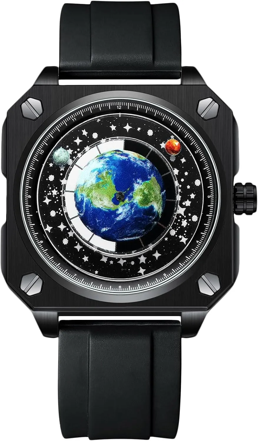 RORIOS Men's Creative Watches Unique Pointer Wristwatch Analogue Quartz Square Earth Dial Watch Fashion Design Stainless Steel for Men