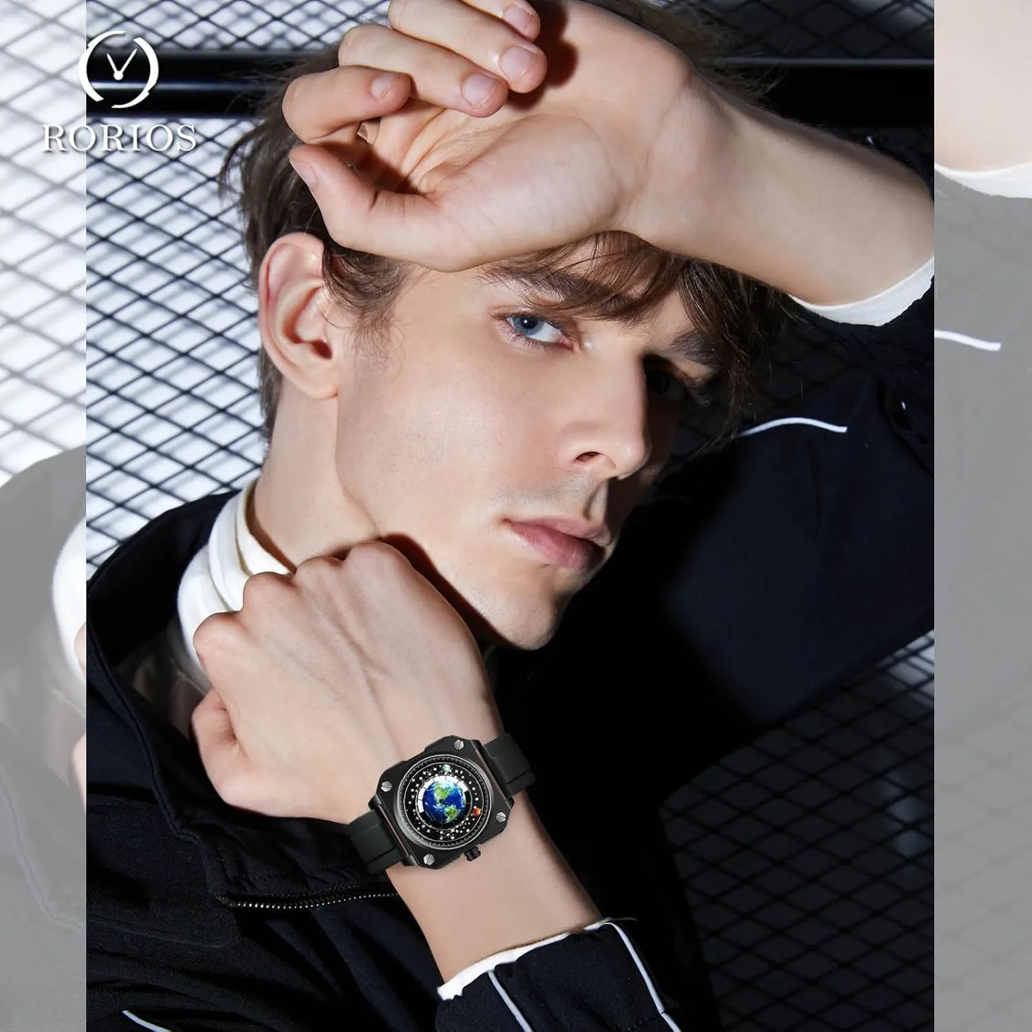 RORIOS Men's Creative Watches Unique Pointer Wristwatch Analogue Quartz Square Earth Dial Watch Fashion Design Stainless Steel for Men
