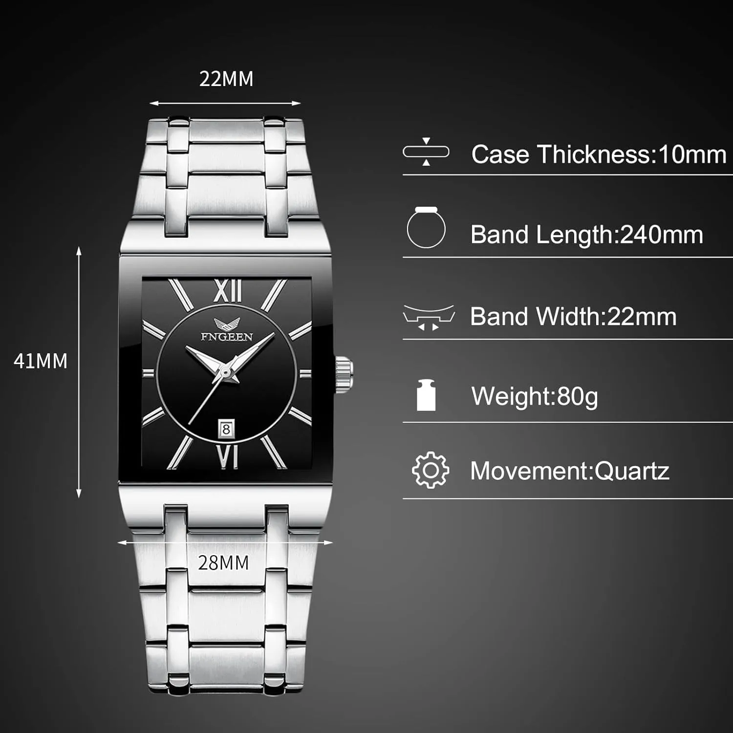 RORIOS Men's Quartz Watch Simple Square Wristwatch Business Waterproof Watches Date Calendar Luminous with Stainless Steel Strap