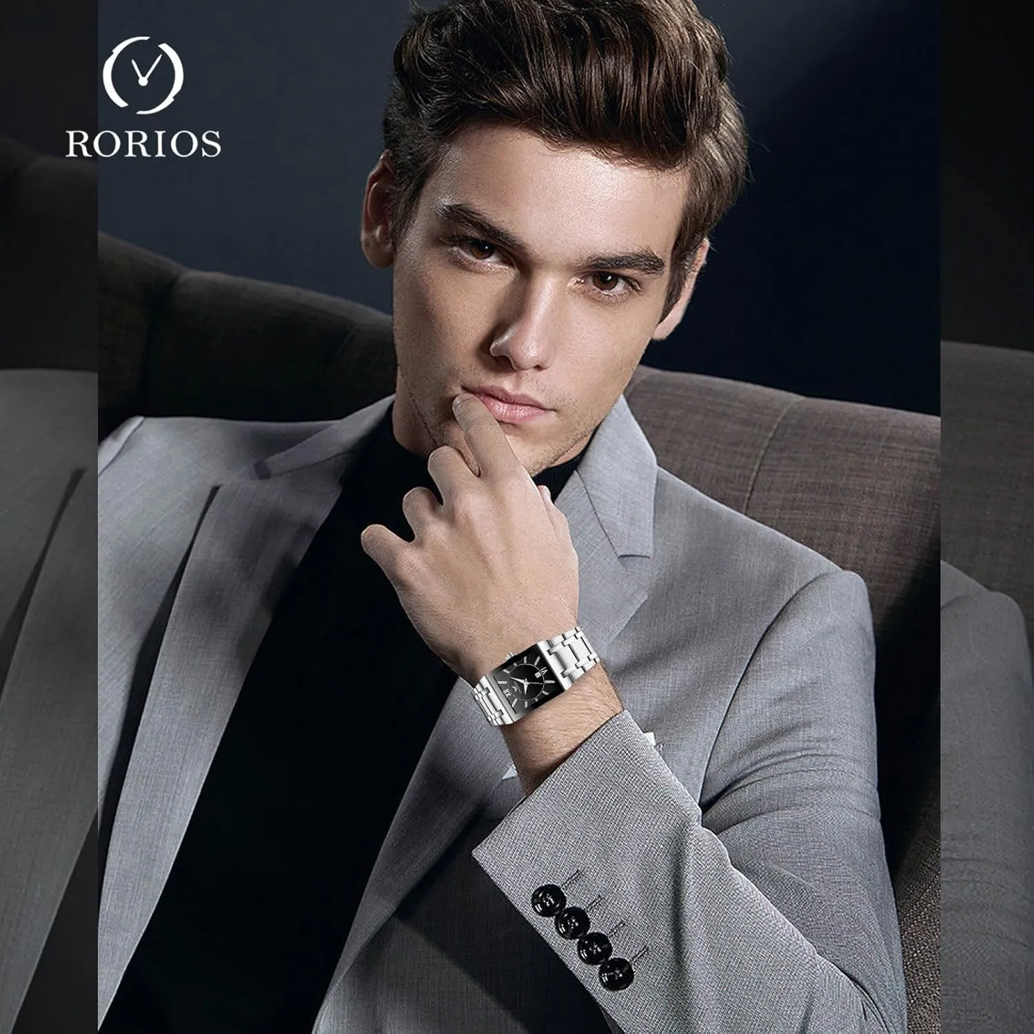 RORIOS Men's Quartz Watch Simple Square Wristwatch Business Waterproof Watches Date Calendar Luminous with Stainless Steel Strap