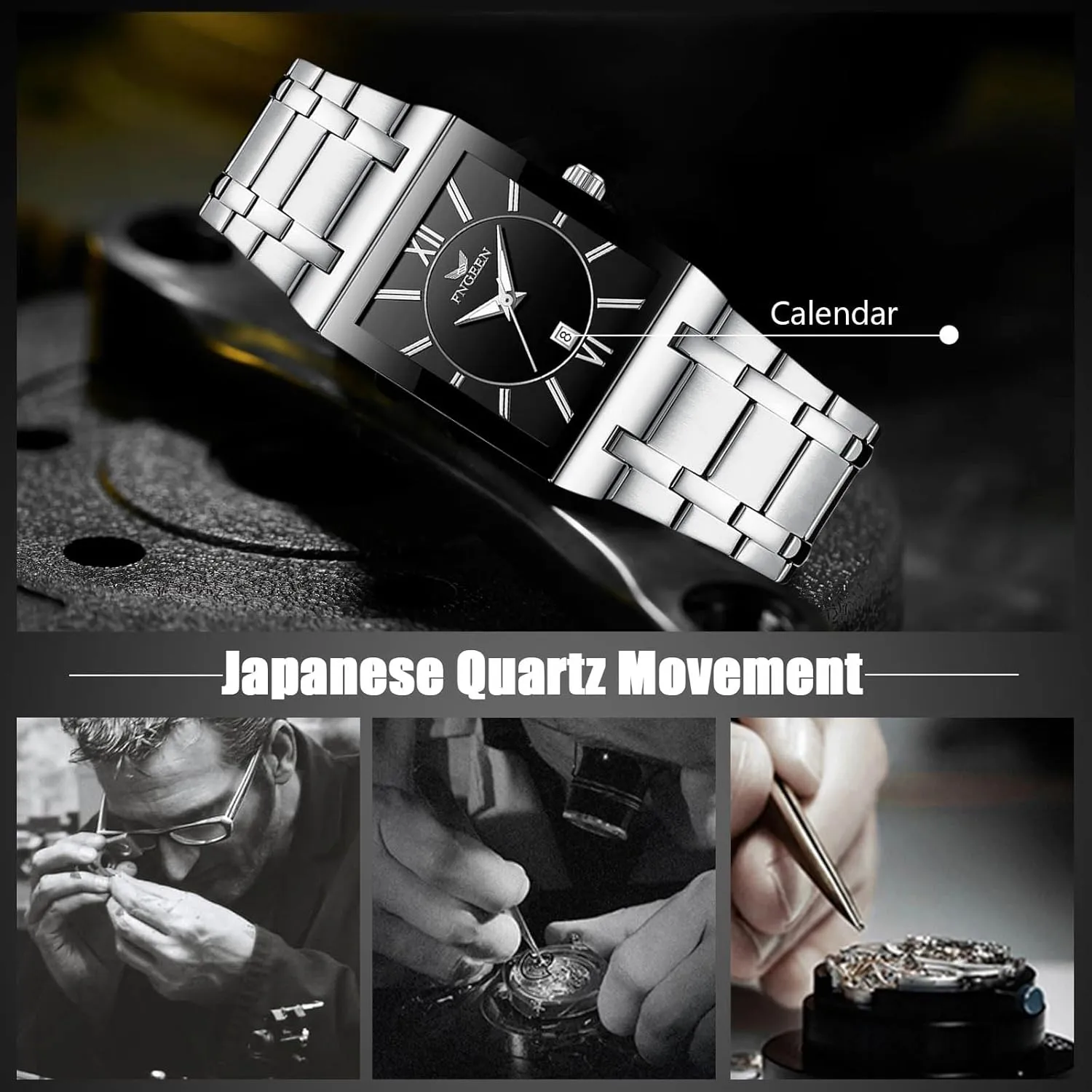 RORIOS Men's Quartz Watch Simple Square Wristwatch Business Waterproof Watches Date Calendar Luminous with Stainless Steel Strap