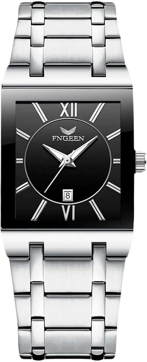 RORIOS Men's Quartz Watch Simple Square Wristwatch Business Waterproof Watches Date Calendar Luminous with Stainless Steel Strap