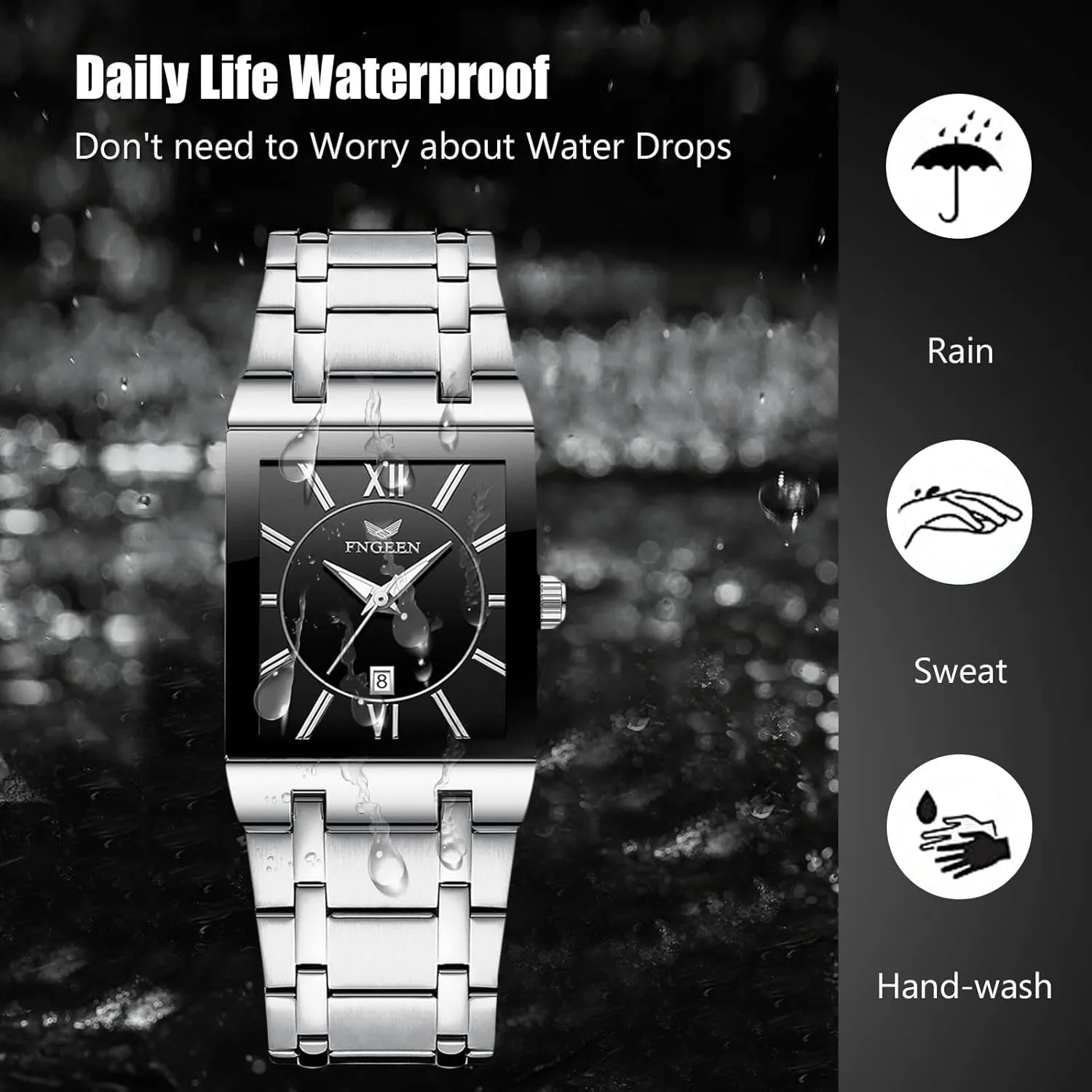 RORIOS Men's Quartz Watch Simple Square Wristwatch Business Waterproof Watches Date Calendar Luminous with Stainless Steel Strap
