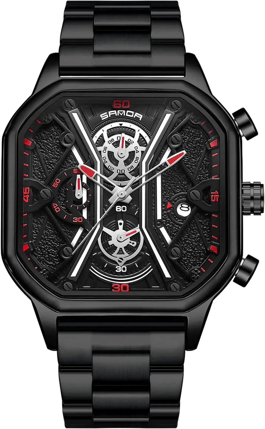 RORIOS Men's Quartz Wristwatch Business Stainless Steel Watch Luminous Analogue Multifunctional Chronograph Watches Fashion Square
