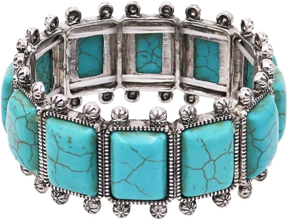 Rosemarie & Jubalee Women's Cowgirl Chic Burnished Silver Tone Colorful Rectangular Semi Precious Stone Howlite Statement Western Stretch Bracelet, 7"