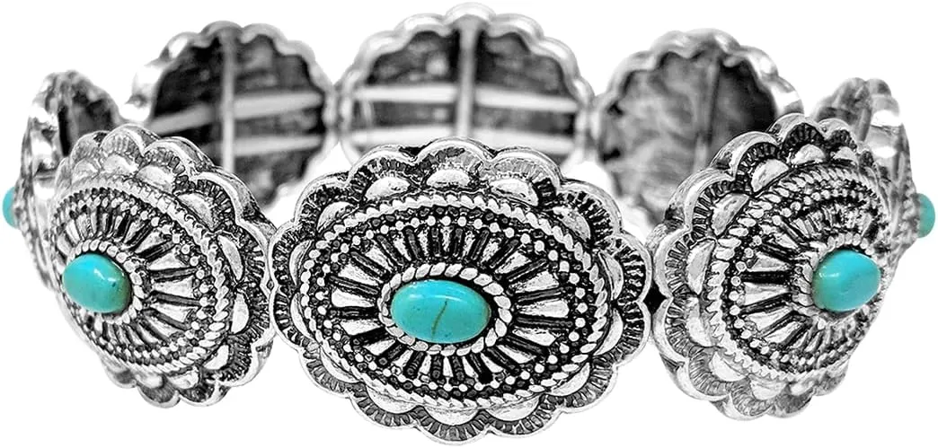 Rosemarie & Jubalee Women's Cowgirl Chic Burnished Silver Tone Colorful Rectangular Semi Precious Stone Howlite Statement Western Stretch Bracelet, 7"