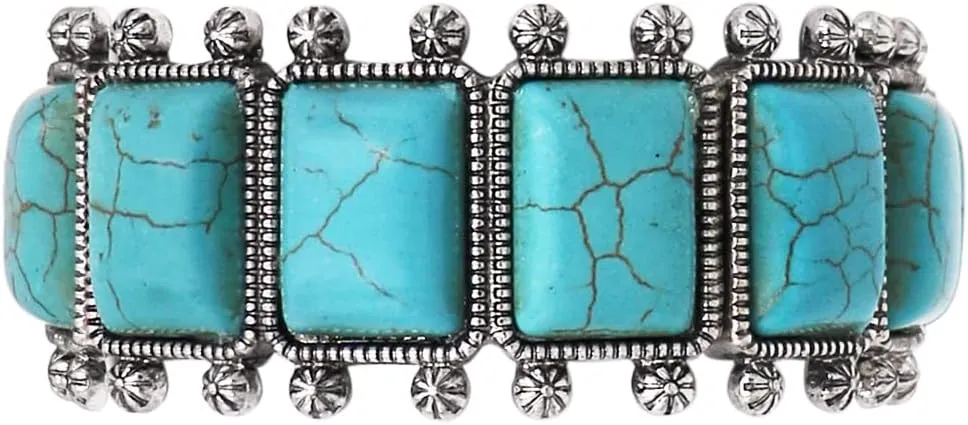 Rosemarie & Jubalee Women's Cowgirl Chic Burnished Silver Tone Colorful Rectangular Semi Precious Stone Howlite Statement Western Stretch Bracelet, 7"