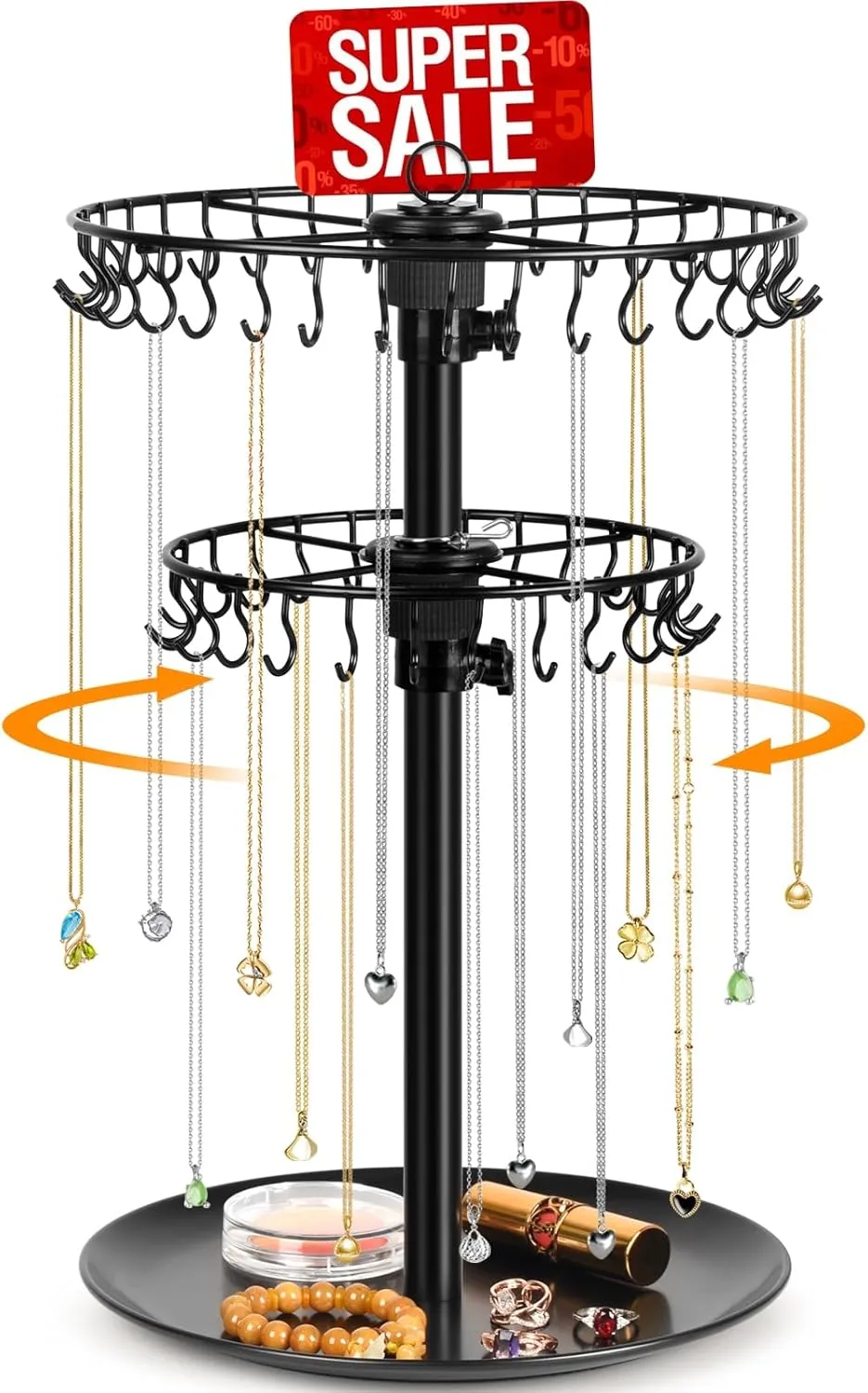 Rotating Necklace Holder Organizer with 62 Hooks, 2-Tier Necklace Stand Jewelry Display for Vendors, Adjustable Necklace Tree Rack Bracelet Keychain Holder for Dresser Top-Black