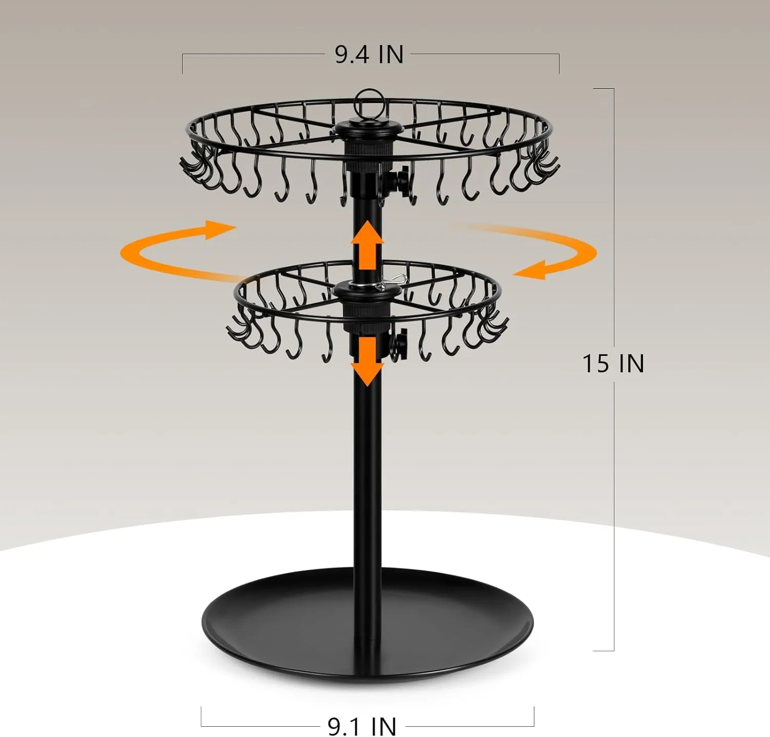 Rotating Necklace Holder Organizer with 62 Hooks, 2-Tier Necklace Stand Jewelry Display for Vendors, Adjustable Necklace Tree Rack Bracelet Keychain Holder for Dresser Top-Black