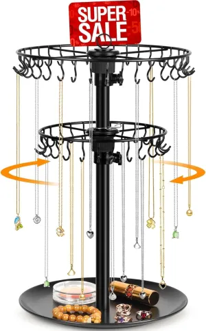Rotating Necklace Holder Organizer with 62 Hooks, 2-Tier Necklace Stand Jewelry Display for Vendors, Adjustable Necklace Tree Rack Bracelet Keychain Holder for Dresser Top-Black