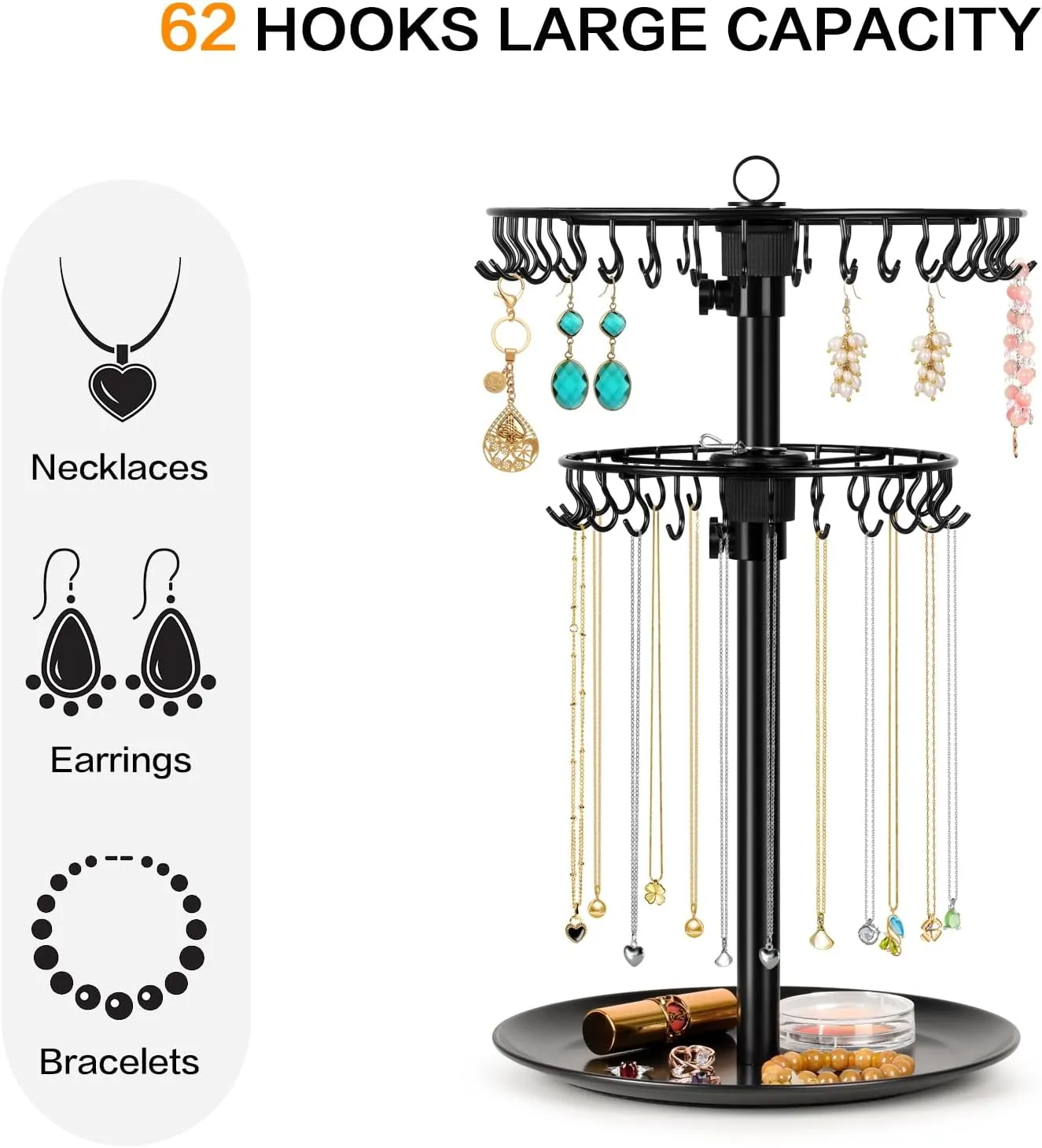 Rotating Necklace Holder Organizer with 62 Hooks, 2-Tier Necklace Stand Jewelry Display for Vendors, Adjustable Necklace Tree Rack Bracelet Keychain Holder for Dresser Top-Black