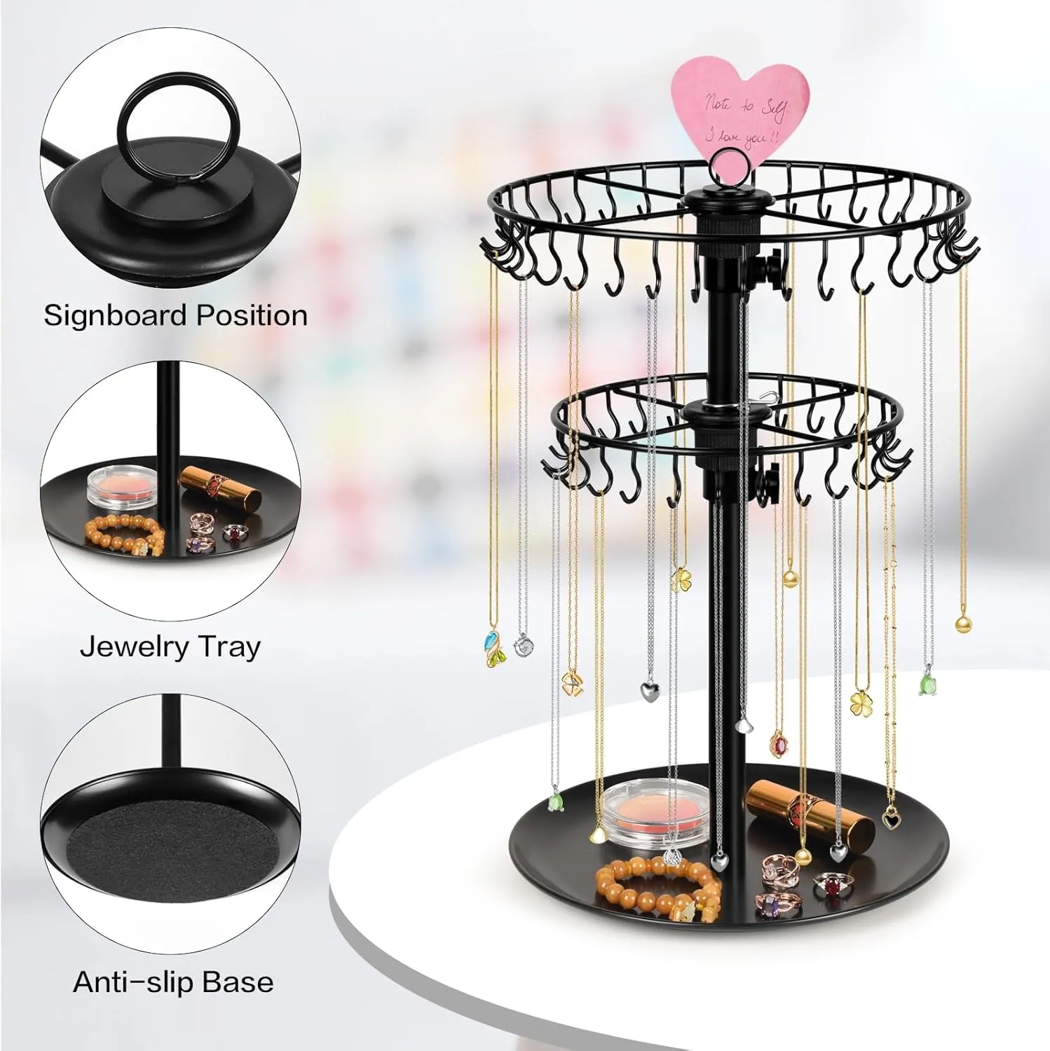 Rotating Necklace Holder Organizer with 62 Hooks, 2-Tier Necklace Stand Jewelry Display for Vendors, Adjustable Necklace Tree Rack Bracelet Keychain Holder for Dresser Top-Black