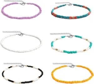 Rrdaily 6 Pcs Boho Layered Colorful Beaded Choker Necklace Set for Women, Handmade Adjustable Chains Beads Choker Bohemian Beach Jewelry