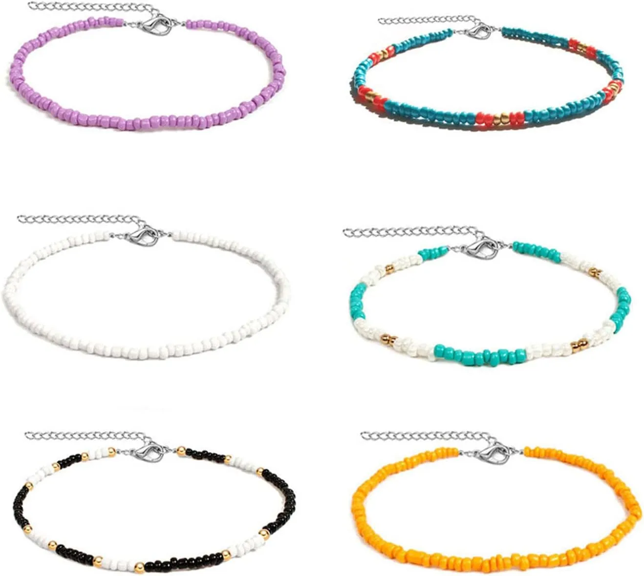 Rrdaily 6 Pcs Boho Layered Colorful Beaded Choker Necklace Set for Women, Handmade Adjustable Chains Beads Choker Bohemian Beach Jewelry