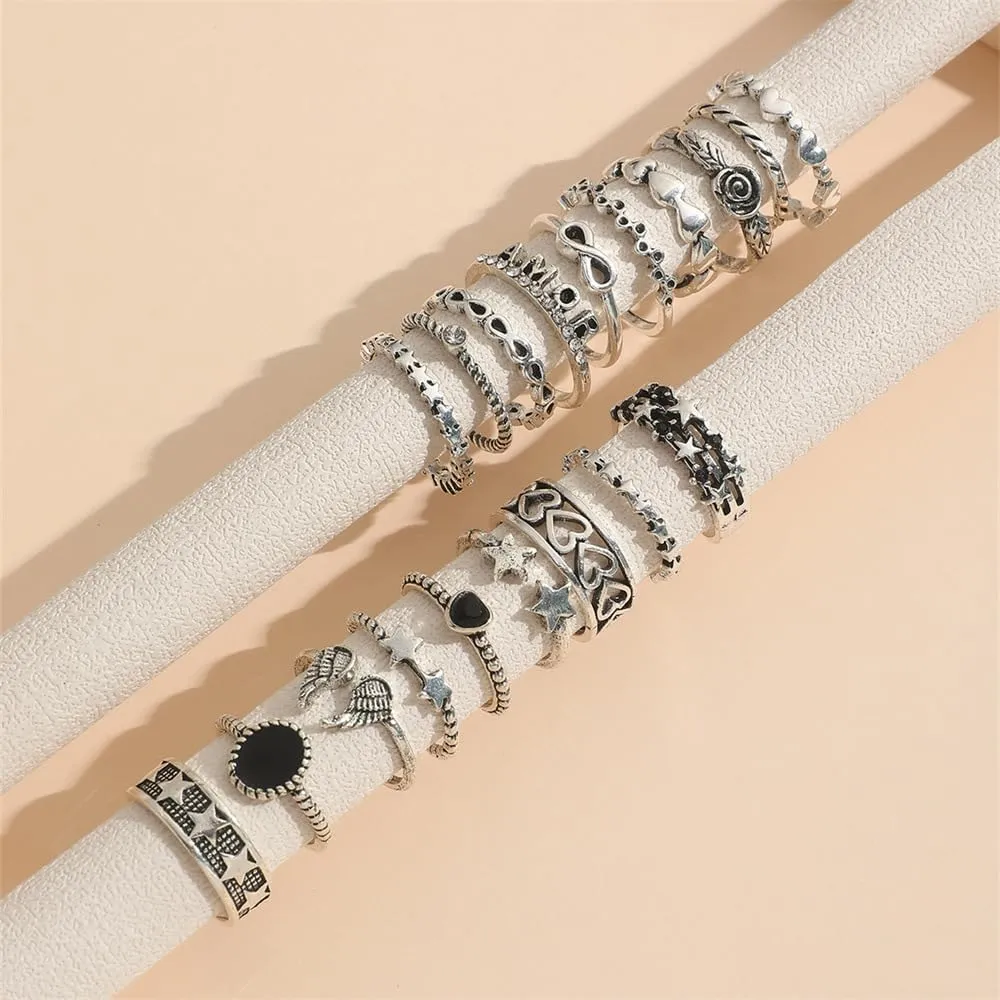 Rrdaily Vintage Knuckle Rings for Women Chunky Black Silver Ring Set Adjustable Finger Stackable Rings Goth Punk Grunge Snake Ring Boho Y2k Accessories Jewelry