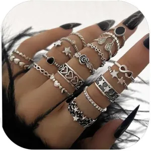 Rrdaily Vintage Knuckle Rings for Women Chunky Black Silver Ring Set Adjustable Finger Stackable Rings Goth Punk Grunge Snake Ring Boho Y2k Accessories Jewelry