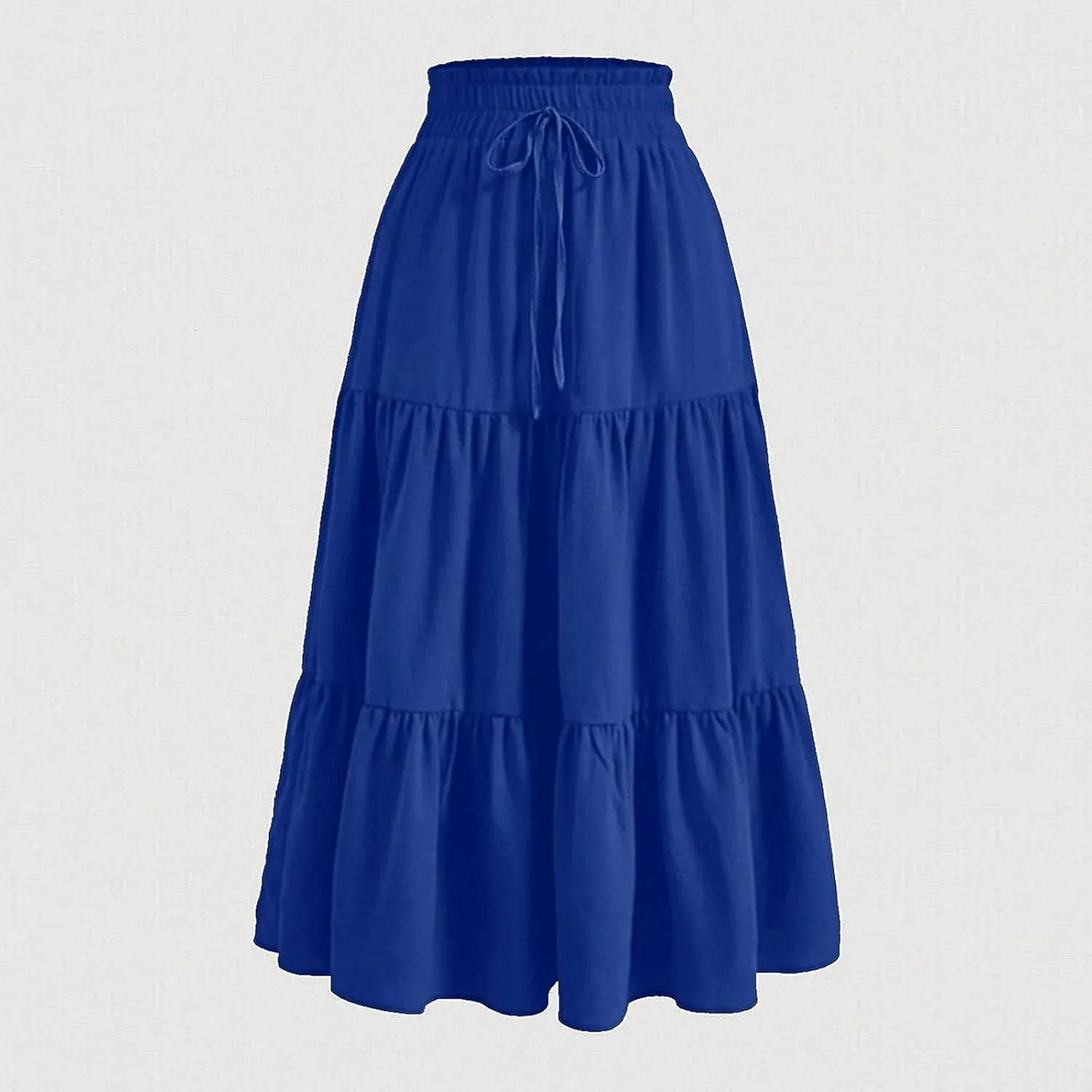 Ruffle Tiered Maxi Skirts for Women Summer Solid Elastic Waisted Skirt Casual Loose Fit Comfy Skirts with Drawstring