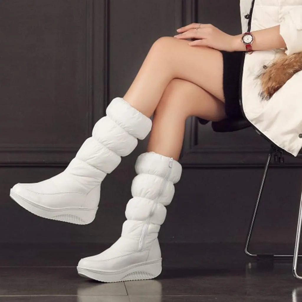 SACFOF Women's Winter Waterproof Rain Snow Boots Warm Mid Calf Thick Plush Warm Side Wedge Platform Cold Weather Snow Booties
