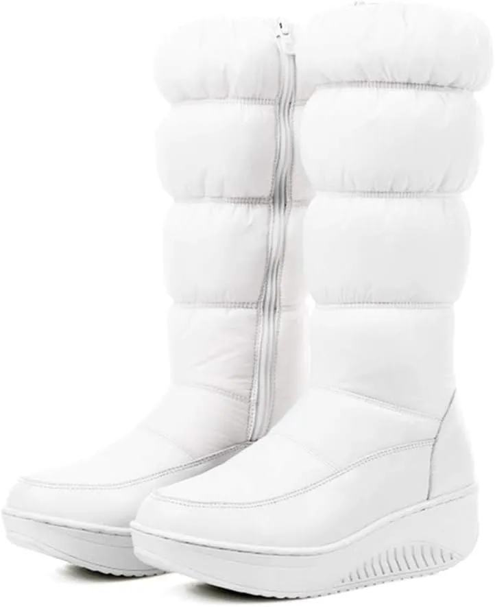 SACFOF Women's Winter Waterproof Rain Snow Boots Warm Mid Calf Thick Plush Warm Side Wedge Platform Cold Weather Snow Booties