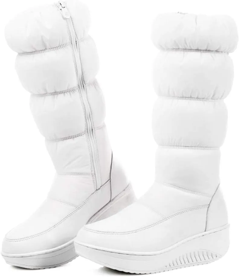 SACFOF Women's Winter Waterproof Rain Snow Boots Warm Mid Calf Thick Plush Warm Side Wedge Platform Cold Weather Snow Booties