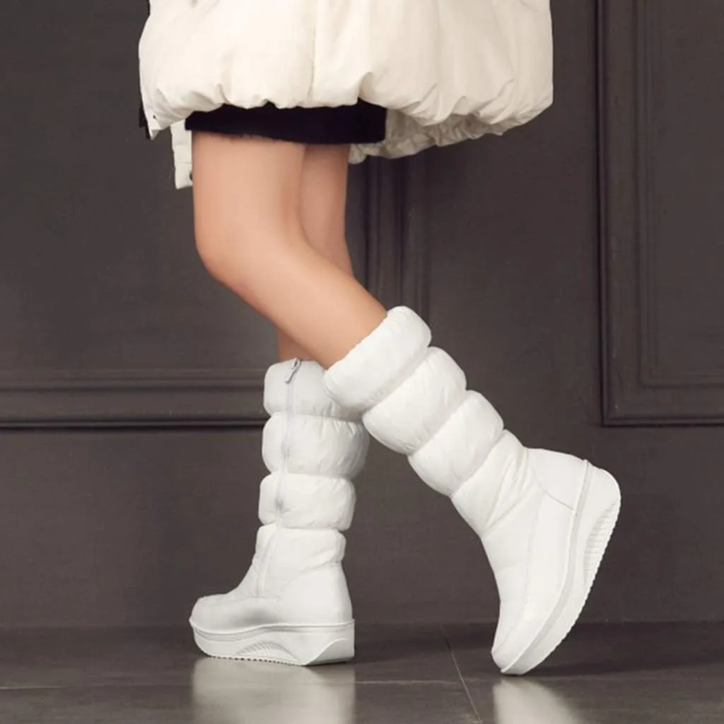 SACFOF Women's Winter Waterproof Rain Snow Boots Warm Mid Calf Thick Plush Warm Side Wedge Platform Cold Weather Snow Booties