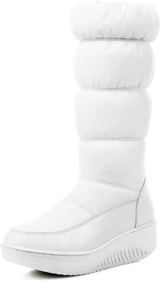 SACFOF Women's Winter Waterproof Rain Snow Boots Warm Mid Calf Thick Plush Warm Side Wedge Platform Cold Weather Snow Booties