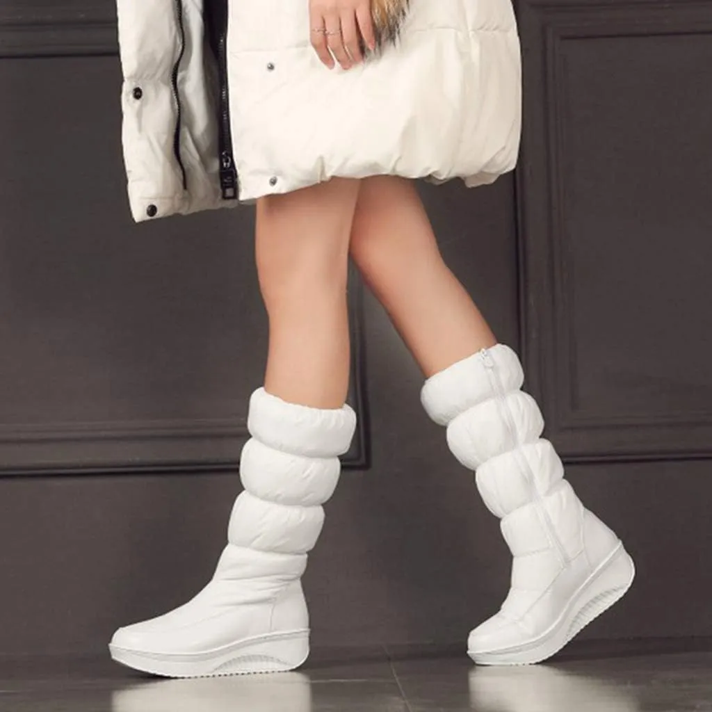 SACFOF Women's Winter Waterproof Rain Snow Boots Warm Mid Calf Thick Plush Warm Side Wedge Platform Cold Weather Snow Booties