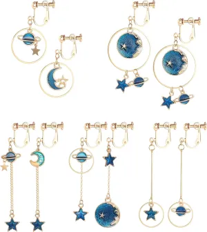 SAILIMUE 5Pairs Clip on Earrings Dangle Set for Women Cute Moon and Star Earrings Non Pierced Ear Clip Saturn Earrings