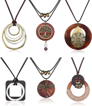 SAILIMUE 6Pcs Long Pendant Necklaces for Women Boho Vintage Wood Fall Sweater Necklaces Set Statement Feather Dragonfly Peace Sign Y Necklace Hippie Handmade Fashion Jewelry Accessories