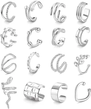 Sanfenly 16Pcs Cuff Earrings for Women Men Non Piercing Ear Cuff Adjustable Fake Earrings Clip On Cartilage Helix Wrap Earrings Set