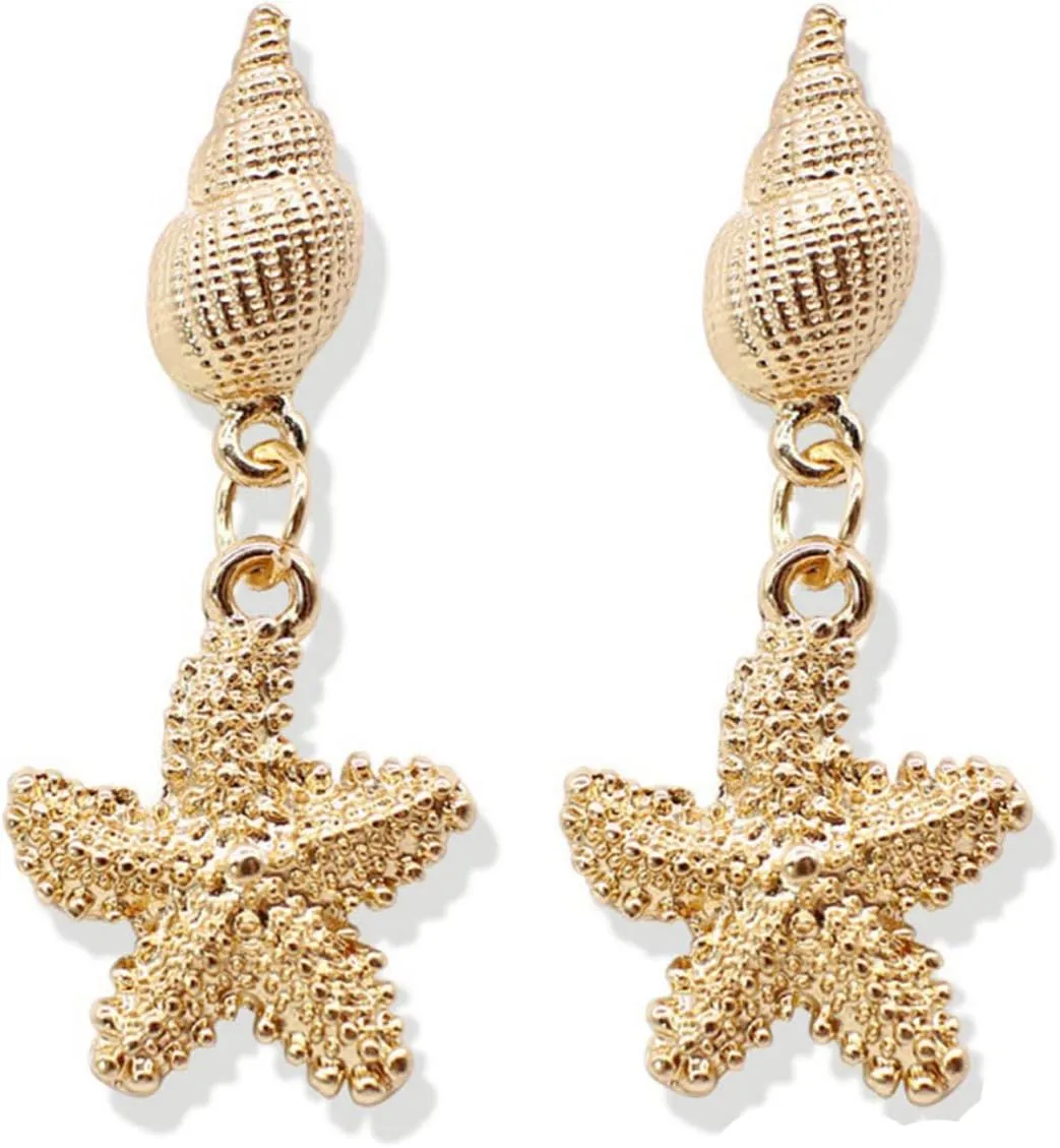 Sea Shell Earrings for Women Gold Starfish Earrings Asymmetric Starfish Pearl Shell Dangle Earrings for Women Summer Beach Jewelry Gifts