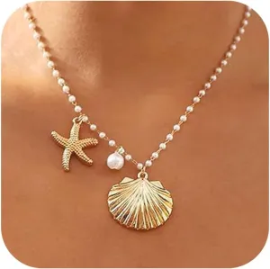 Seashell Necklace Gold Shell Necklaces for Women Layered Boho Beaded Puka Shell Necklace Summer Outfits for Women Beach Vacation Essentials Beachy Jewelry Gifts